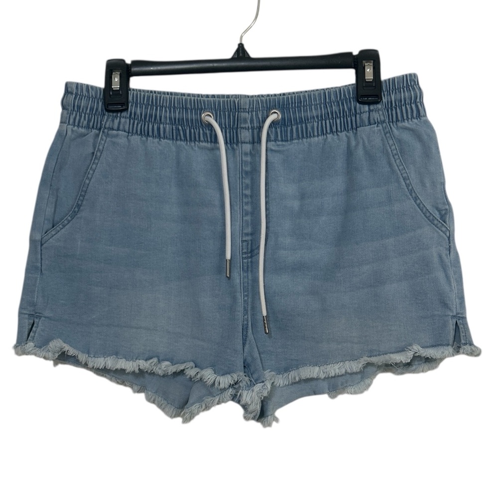 Kendall + Kylie Light Wash Denim Drawstring Frayed Hem Jogger Shorts - Picture 1 of 8